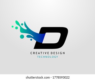 Letter D Water Splash Logo. Modern Techno Alphabet Splatter Icon, Template Design.