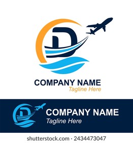 Letra D con logotipo de Onda y Avión Volador para Agencia de Viajes. Logotipo de diseño vectorial para etiqueta de transporte de viajes, turismo, publicidad de la compañía de vuelos