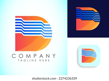 Plantilla vectorial de diseño de logotipo de onda D de carta. Logo del degradado del símbolo del alfabeto gráfico