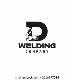 Letter D welding logo, welder silhouette working with weld helmet in simple and modern design style