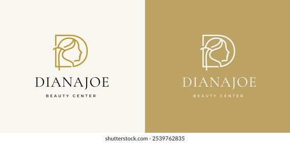 Letter D with Woman Face Icon Logo Design. Woman Face Logo on Letter D. Letter D Symbol for Beauty Spa Woman Face Icon Identity. Alphabet Vector Illustration