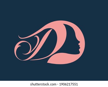 Logo de la silueta de retrato de la letra D y la mujer.Icono del salón de belleza aislado en fondo oscuro. Forma de carácter caligráfico.Retrato de vista de perfil de una joven. Lujo, estilo glamour.Alfabeto inicial.