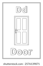 Letter D and word door coloring page appropriate for kindergarten kids, preschool, school activities and worksheets