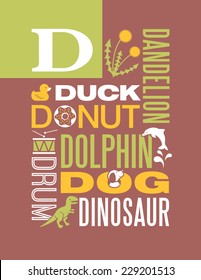 Letter D words typography illustration alphabet poster design