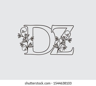 Letter D, Z and DZ Vintage Floral Logo Icon, overlapping monogram logo, Simple Swirl Black color Logo on white background. Classy Letter Logo Icon.