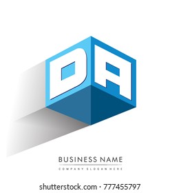 Letter DA logo in hexagon shape and blue background, cube logo with letter design for company identity.
