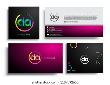 Letter DA logotype with colorful circle, letter combination logo design with ring, sets of business card for company identity, creative industry, web, isolated on white background.