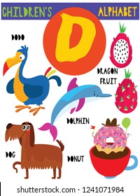 Letter D.Cute children's alphabet with adorable animals and other things.Poster for kids learning English vocabulary.Cartoon vector illustration.