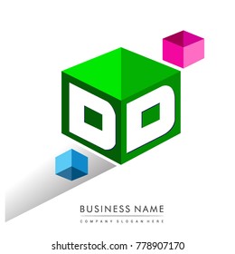 Letter DD logo in hexagon shape and green background, cube logo with letter design for company identity.
