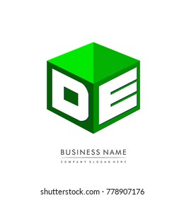 Letter DE logo in hexagon shape and green background, cube logo with letter design for company identity.
