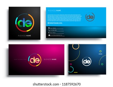 Letter DE logotype with colorful circle, letter combination logo design with ring, sets of business card for company identity, creative industry, web, isolated on white background.