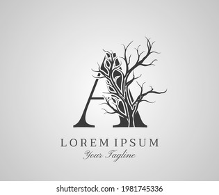 Letter A With Dead Tree Design Logo Icon. Creative Alphabetical Creepy Dry Tree Brach Nature Logo Template.