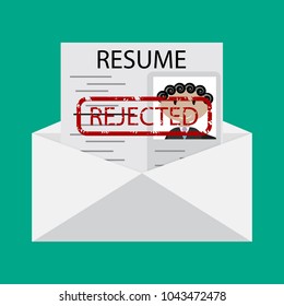 Letter with declined CV. Vector resume document with stamp rejected illustration