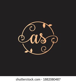 Letter AS Decorative, Classy Monogram logo inside a circular stalk, stem, or root with floral, leaves ornament. Letter AS florist logo. AS wedding logo, crafting logo