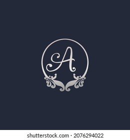 Letter A Decorative Crown Ring Alphabet Logo isolated on Navy Blue Background. Luxury Silver Initial Abjad Logo Design Template. Elegant Curl Floral Logo Concept. EPS 10 File Project