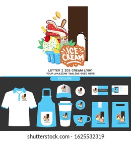 Letter I Delicious Chocolate Ice Cream Cup Logo on White Background for Ice Cream Shop with Brand Identity Include Shirt. Apron. Hat. Cup. Pin. Glass. Business Card. Paper Bag