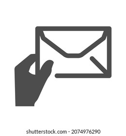 Letter delivery monochrome simple icon vector flat illustration. Human hand holding paper envelope newsletter message correspondence remotely communication isolated on white. Postal shipment service