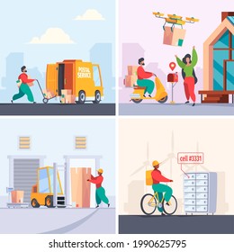 Letter delivery. Post office mailboxes and delivery services stuff postman professional workers garish vector concept pictures in flat style
