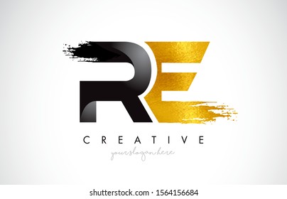 RE Letter Design with Black Golden Brush Stroke and Modern Look Vector Illustration.