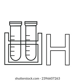 letter design in the form of medical test tubes in a wooden stand folded in a H shape, drawn in line art style