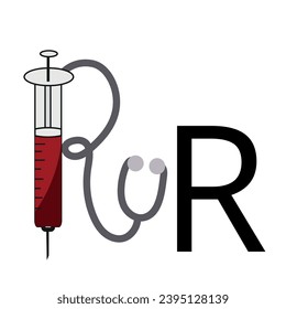 letter design in the form of a syringe and a medical stroboscope folded in the form of an R