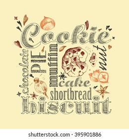 Letter design hand drawn vector isolated for bakery shop, confectionery. Vector sketch different words and elements for baking and sweet themes.
 Chocolate cookie.