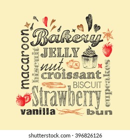 Letter design hand drawn vector isolated for bakery shop, confectionery. Vector sketch different words and elements for baking and sweet themes. Strawberry cupcake.