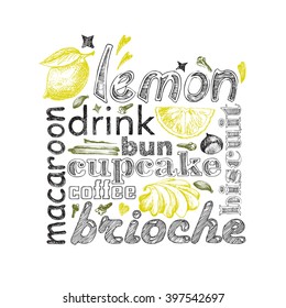 Letter design hand drawn vector isolated for bakery shop, confectionery. Vector sketch different words and elements for baking and sweet themes. 
 Lemon meringue.
