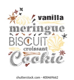 Letter design hand drawn vector isolated for bakery shop, confectionery. Vector sketch different words and elements for baking and sweet themes. Vanilla meringue.