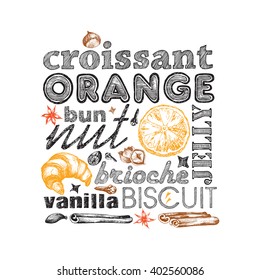 Letter design hand drawn vector isolated for bakery shop, confectionery. Vector sketch different words and elements for baking and sweet themes.  
 Orange croissant.