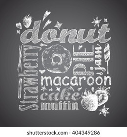 Letter design hand drawn vector isolated for bakery shop, confectionery. Vector sketch different words and elements for baking and sweet themes. Strawberry donut.