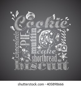 Letter design hand drawn vector isolated for bakery shop, confectionery. Vector sketch different words and elements for baking and sweet themes.
 Chocolate cookie.