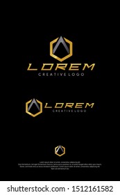 A letter design logo inside the object forms a hexagonal ... clad in silver and gold