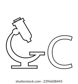 letter design from a medical, precision microscope folded into the shape of the letter C, drawn in line art style