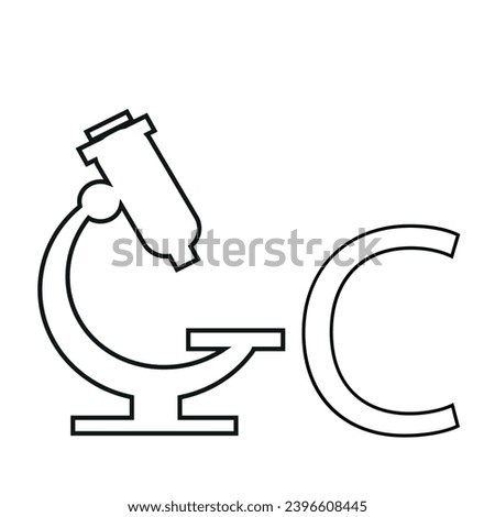 letter design from a medical, precision microscope folded into the shape of the letter C, drawn in line art style