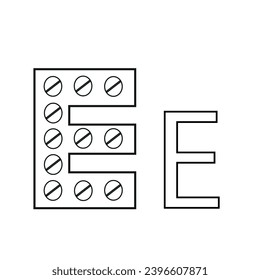 diseño de letras a partir de una placa de comprimidos blancos doblados en forma de E, dibujados en estilo de arte lineal