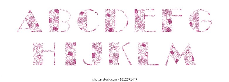 Letter Design Set of Alphabet type A to M in Floral Style, pink colored. Vector alphabet set. Floral monogram initials. Transparent line art.