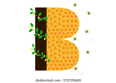 Letter design which consist of Bee patterns, honey comb and flowers which helps them to make honey, this design is used for education in children books and for any kind of prints too.