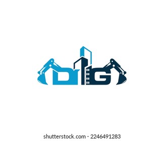 Letter DG Building With Excavator Logo Design Concept. Creative Excavators, Construction Machinery Special Equipment Vector Illustration.