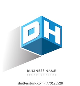 Letter DH logo in hexagon shape and blue background, cube logo with letter design for company identity.
