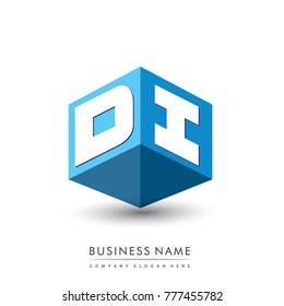Letter DI logo in hexagon shape and blue background, cube logo with letter design for company identity.
