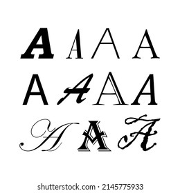 Letter a different fonts in hand drawn style on white background. Vector illustration. stock image.
