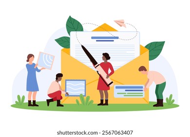 Letter and digital message, SMS and email writing, correspondence delivery. Tiny people holding pen and stamp to write text on paper sheet and send mail envelope to address cartoon vector illustration