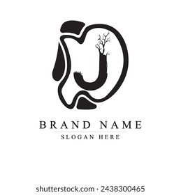 Letter DJ Design Logo with Creative Tree Branch. DJ Letter Tree Icon	
