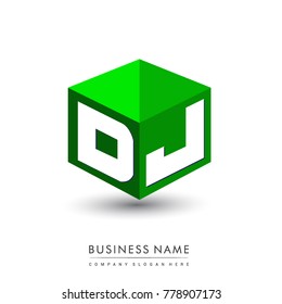 Letter DJ logo in hexagon shape and green background, cube logo with letter design for company identity.
