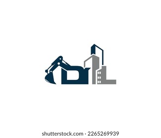 Letter DL Building With Excavator Logo Design Concept. Creative Excavators, Construction Machinery Special Equipment Vector Illustration.