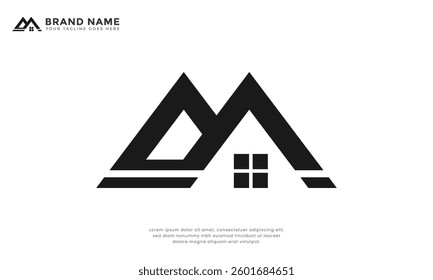 Letter DM house logo. Features a stylized roofline forming the letters 'DM', geometric shapes give a contemporary feel. Ideal for real estate, construction, or interior design businesses.