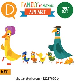 Letter D-Mega big set.Cute vector alphabet with family of animals in cartoon style.