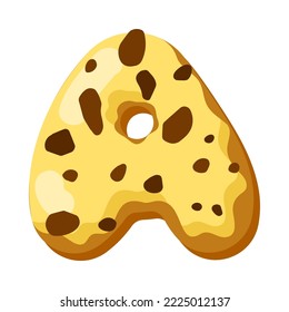 Letter A in donut font vector illustration. Design of alphabet letter from chocolate donut or cookie with icing. Food, dessert, typography concept for bakery or cafe
