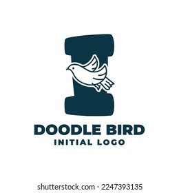 letter I doodle bird initial vector logo design illustration